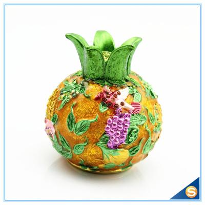 Enamel Craft Pomegranate Shape Trinket Box Hand Painted Flying Bird with Rhinestone SCJ540