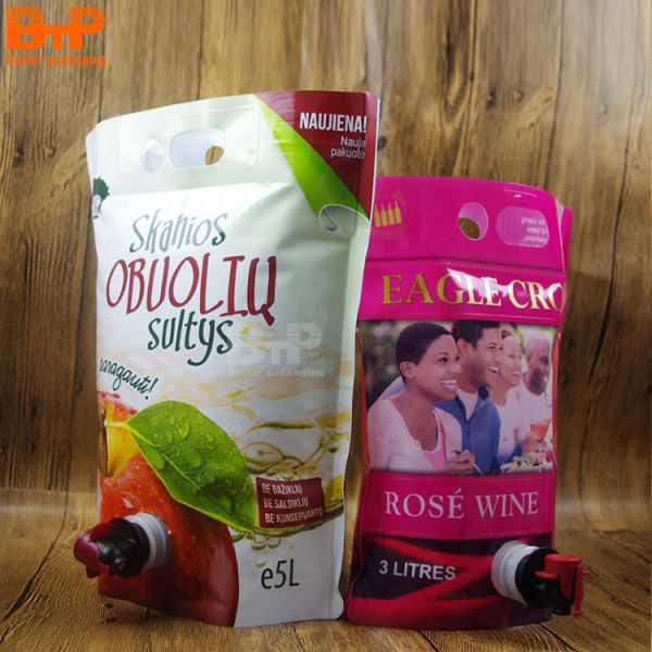 Customized 1L/3L/5L Butterfly Valve Stand up Beverage Juice Drink Double Bottom Bags Red Wine Liquid Packaging BIB Bag in Box