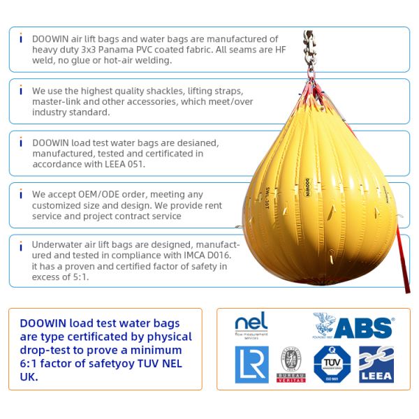 Bolsas de Carga de Prueba de PVC de 1 tonelada - Bolsas de Agua para Pruebas de Carga de 125 toneladas Estándar LEEA 051