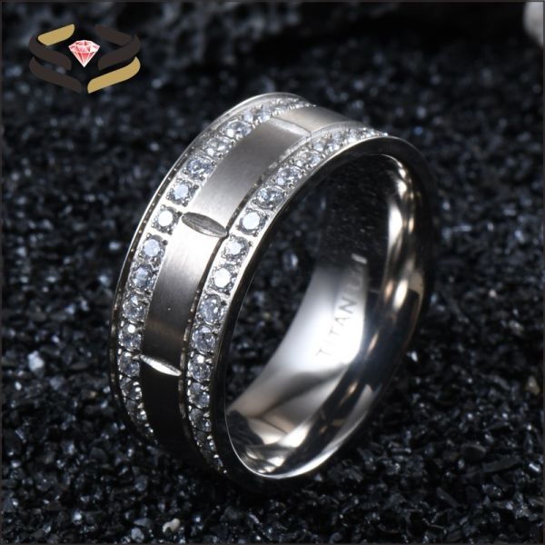 Chic Wedding Titanium Rings 9mm Two Lines Cubic Zircon Inlayed For Women