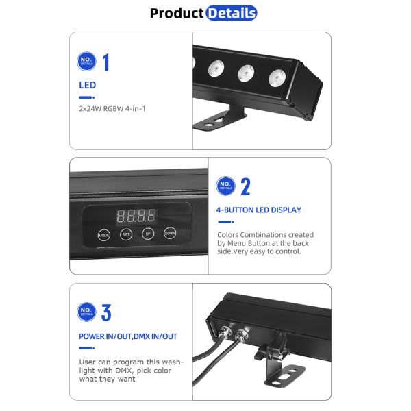 Outdoor Building Led Wall Washer Light IP65 24*2w Waterproof RGBW Wall Washer Bar DJ Led Pixel bar Stage Light Party