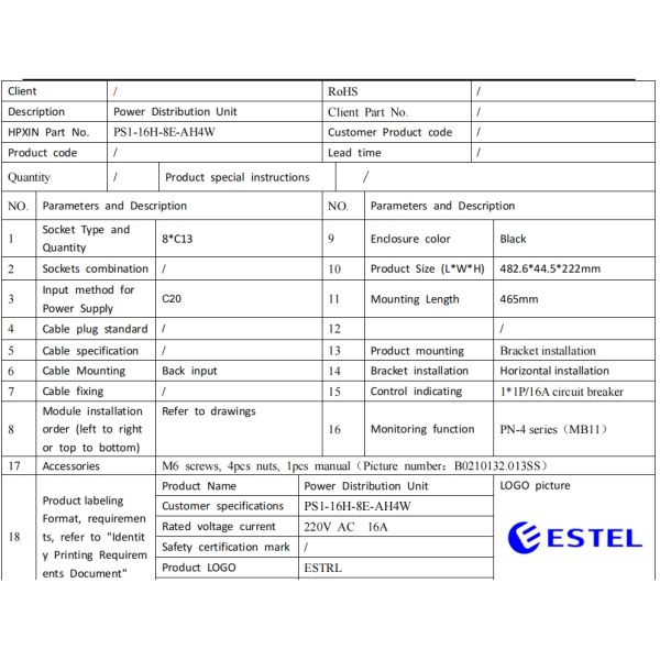 Intelligent Power Distribution Unit (PDU) with 8 Outlets 16A 250VAC RS-485 Communication
