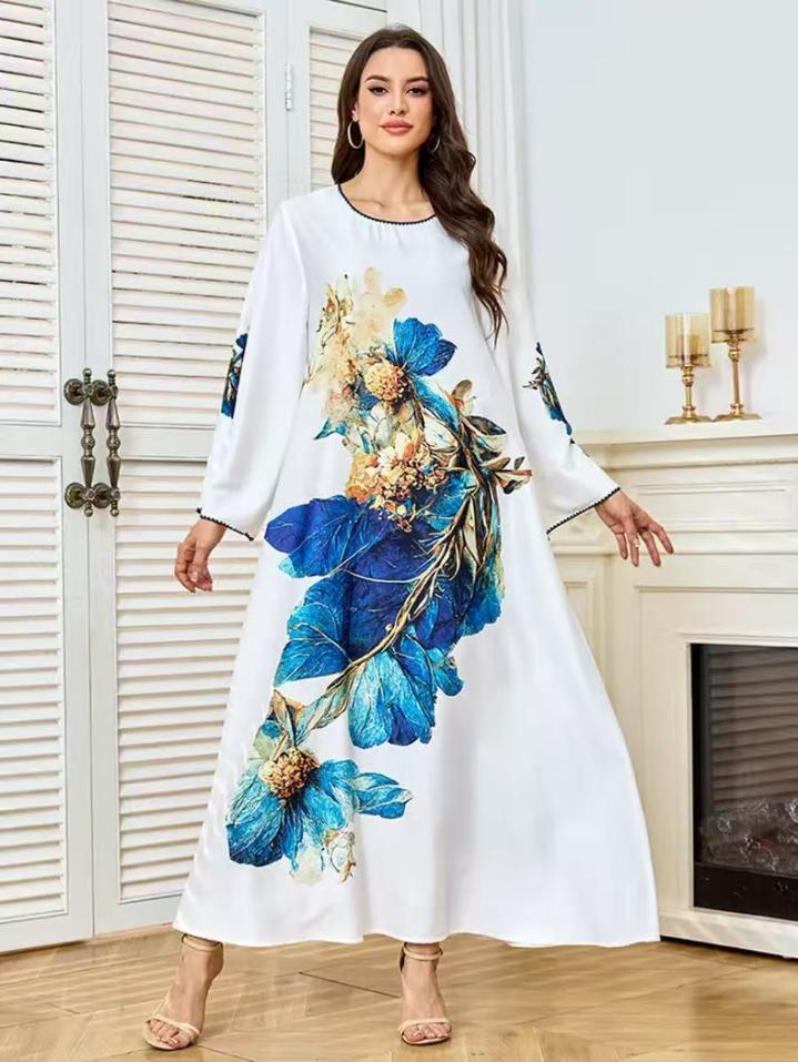 MT523 Middle Eastern Modest Wear White & Blue Floral Print Maxi Abaya