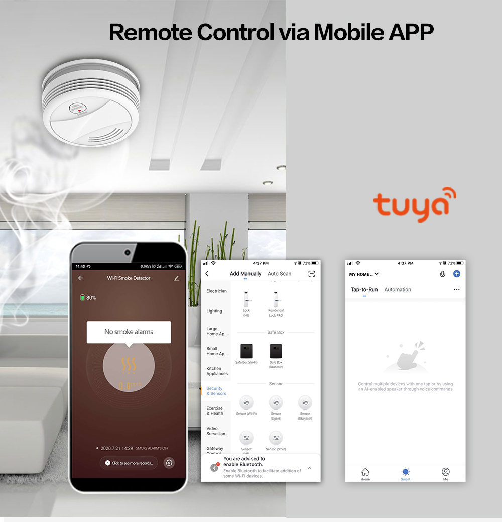 Tuya Smart Home Энергосберегающий аккумулятор Источник питания Мобильное приложение Push Wifi Детектор дыма