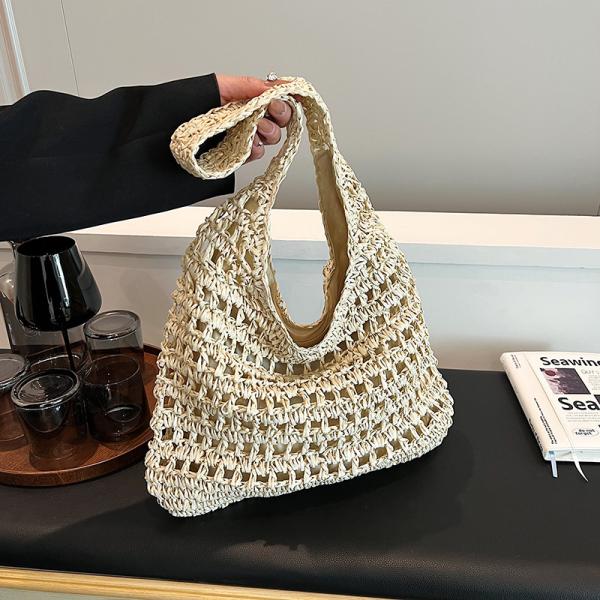 Bolsas Personalizadas Logo Bolsos De Paja Tejida Custom Raffia Clutch Woven Crochet Shoulder Women Handbags Beach Straw Bag Mesh Beach Bag Crochet Tote Bag Straw Crochet Purses for Women Raffia Tote