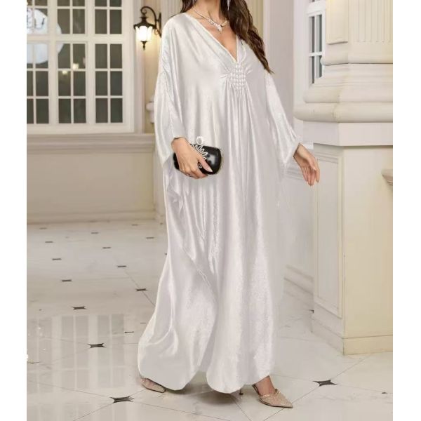 Plus Size Women's Fashion Printed Back Slit Long Dress, European and American Style V-Neck Pleated Dress, Fashionable Vacation Style Long Dress