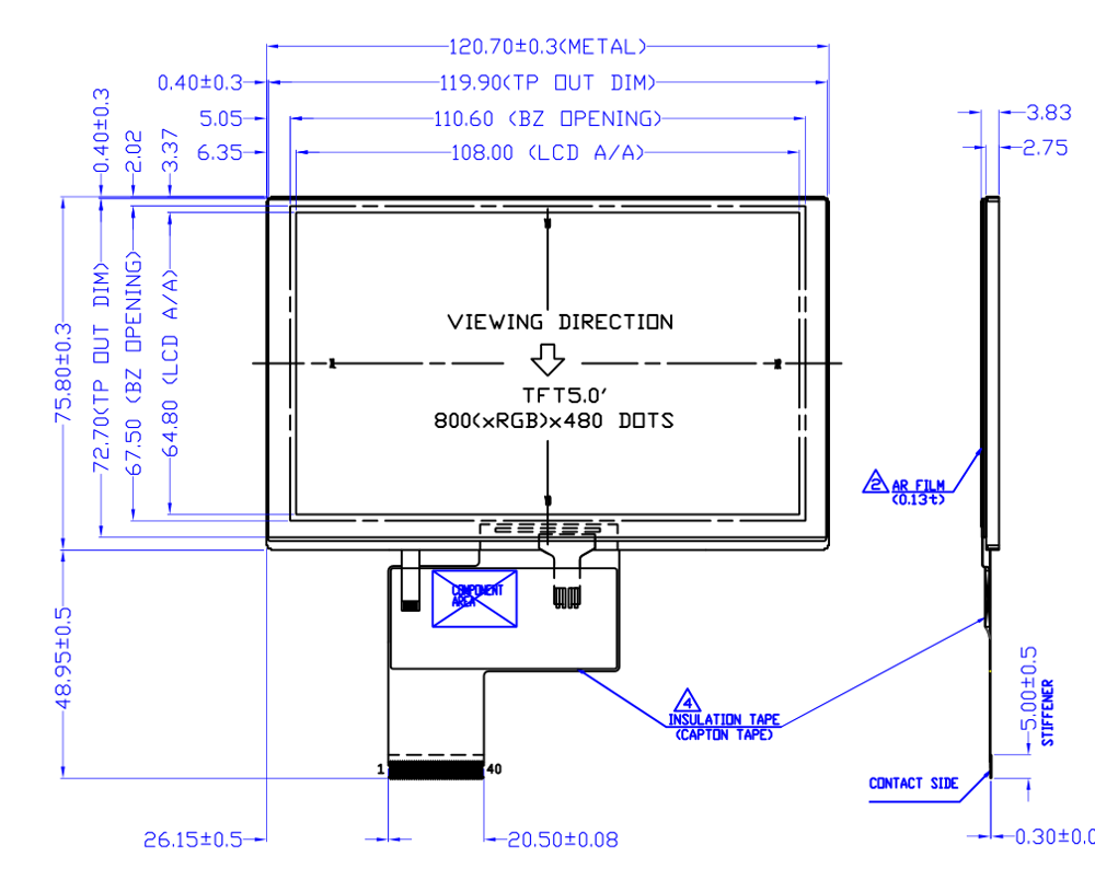 40 Pin 800x480 Industrial Touch Screen Display 5 Inch LCD Touch Panel