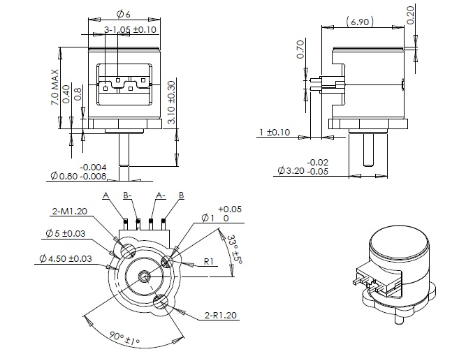 6mm Dia PM Micro Stepper Motor 3.3V Long Life 2 Phase Mini Step Motor