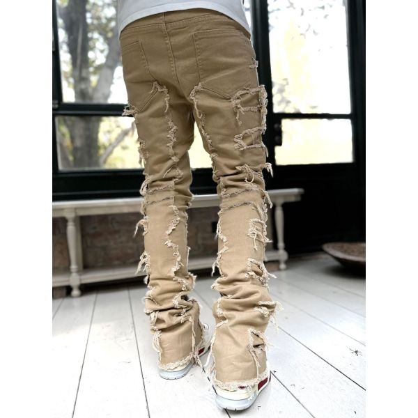 Street Style Men's Boot Cut Light Blue Damaged Tassel Applique Jeans Spandex/Cotton