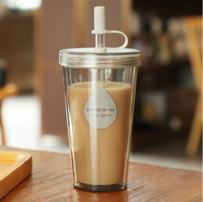 Simple Double-layer Large Capacity Plastic Straw Cup Creative Student Transparent Milk And Juice Water Bottle