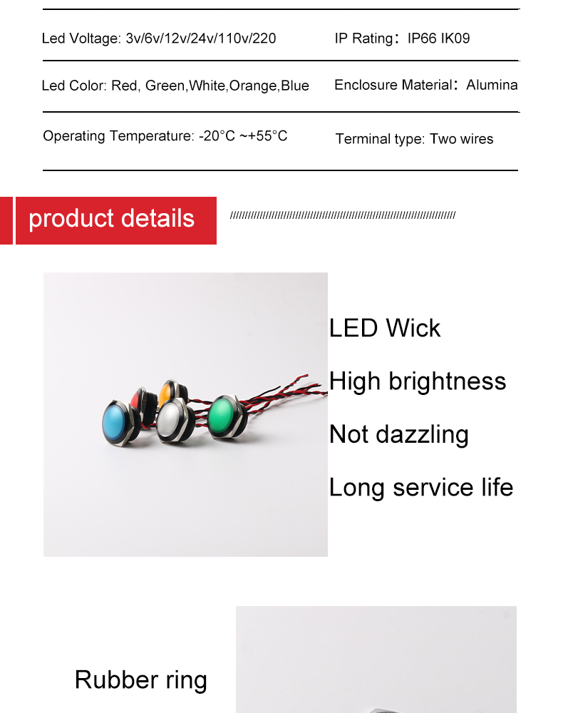 22mm Alumina LED Metal Indicator Light 3V/6V/12V/24V/110V/220V Ball Head Indicator Lights