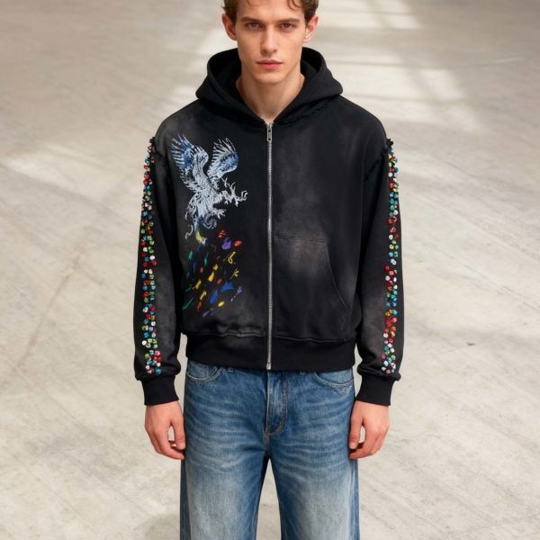 Wholesale Heavyweight Vintage Acid Wash Hoodie Sweatshirt Custom 380 450 500 Gsm Rhinestones Printed Distressed Zip up Hoodie