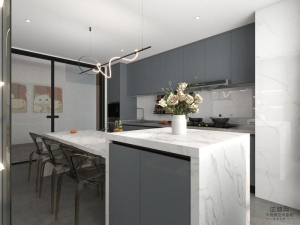 Armoires de cuisine linéaires doubles en acier inoxydable gris-bleu avec stockage de vin et île multifonctionnelle