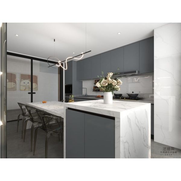 Fadior Gray-Blue Stainless Steel Double Linear Kitchen Cabinets With Wine Storage And Multifunctional Island
