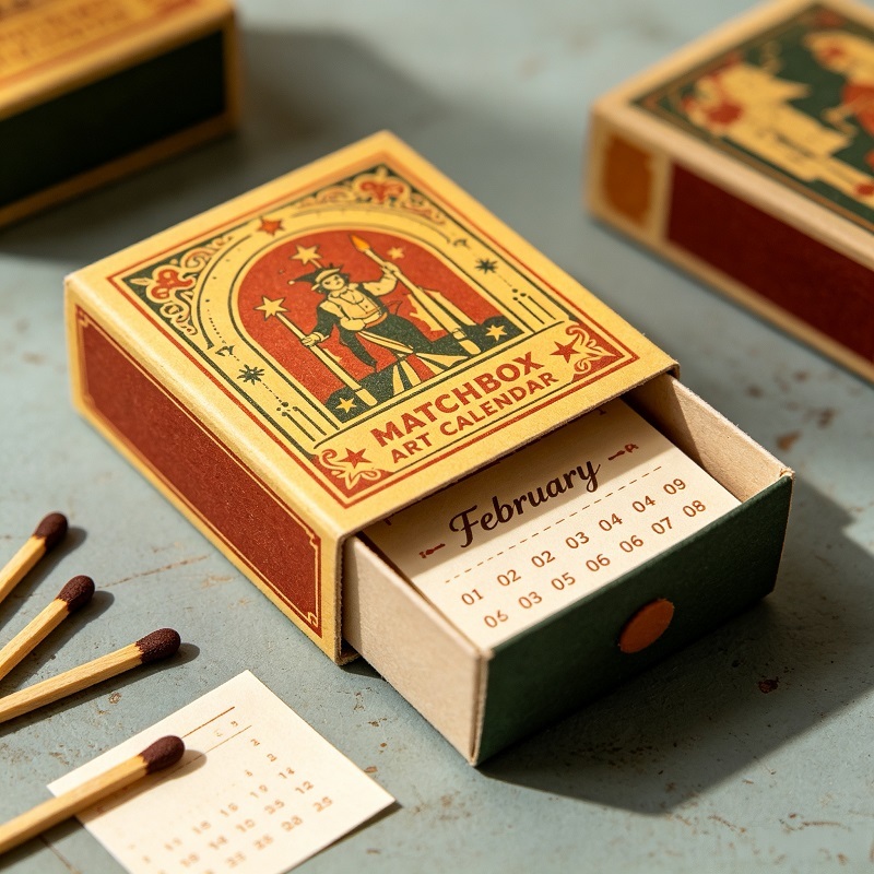 Custom Printed Retro Matchbox Art Desk Calendar With Slide Drawer Box