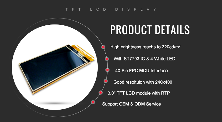 OEM Monochrome TFT Display 3 Inch TFT LCD Screen Touch Panel 240x400