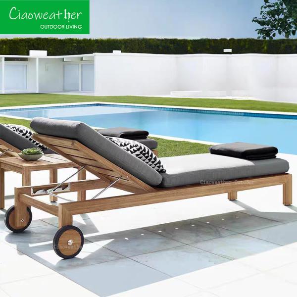 Outdoor Pool Deck Sun Beds Teak Wood Garden Sunbed Loungers with Luxury Waterproof Couch in Grey Color Weatherproof Finis