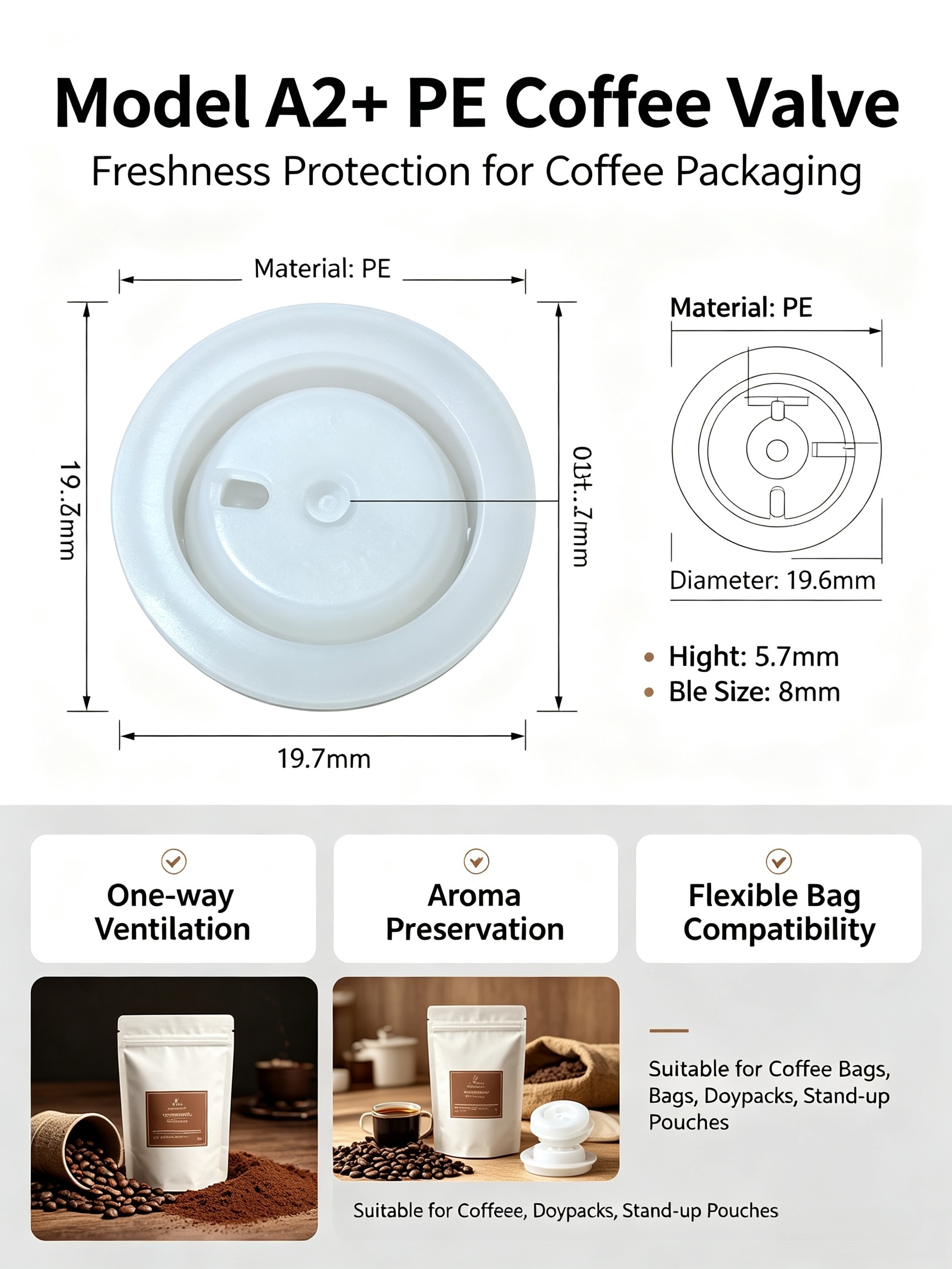 Model A2+ PE Coffee Valve One-Way Air Vent Valve for Coffee Bag Flexible Packaging