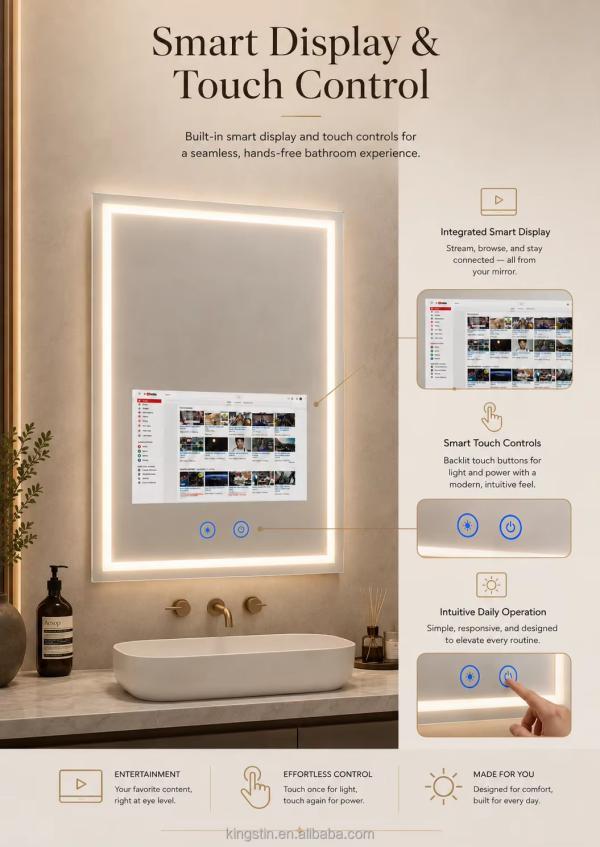 Kingstin Custom Frameless LED TV Bathroom Mirror with 3 Color Temperatures and Defog for Hotels, 