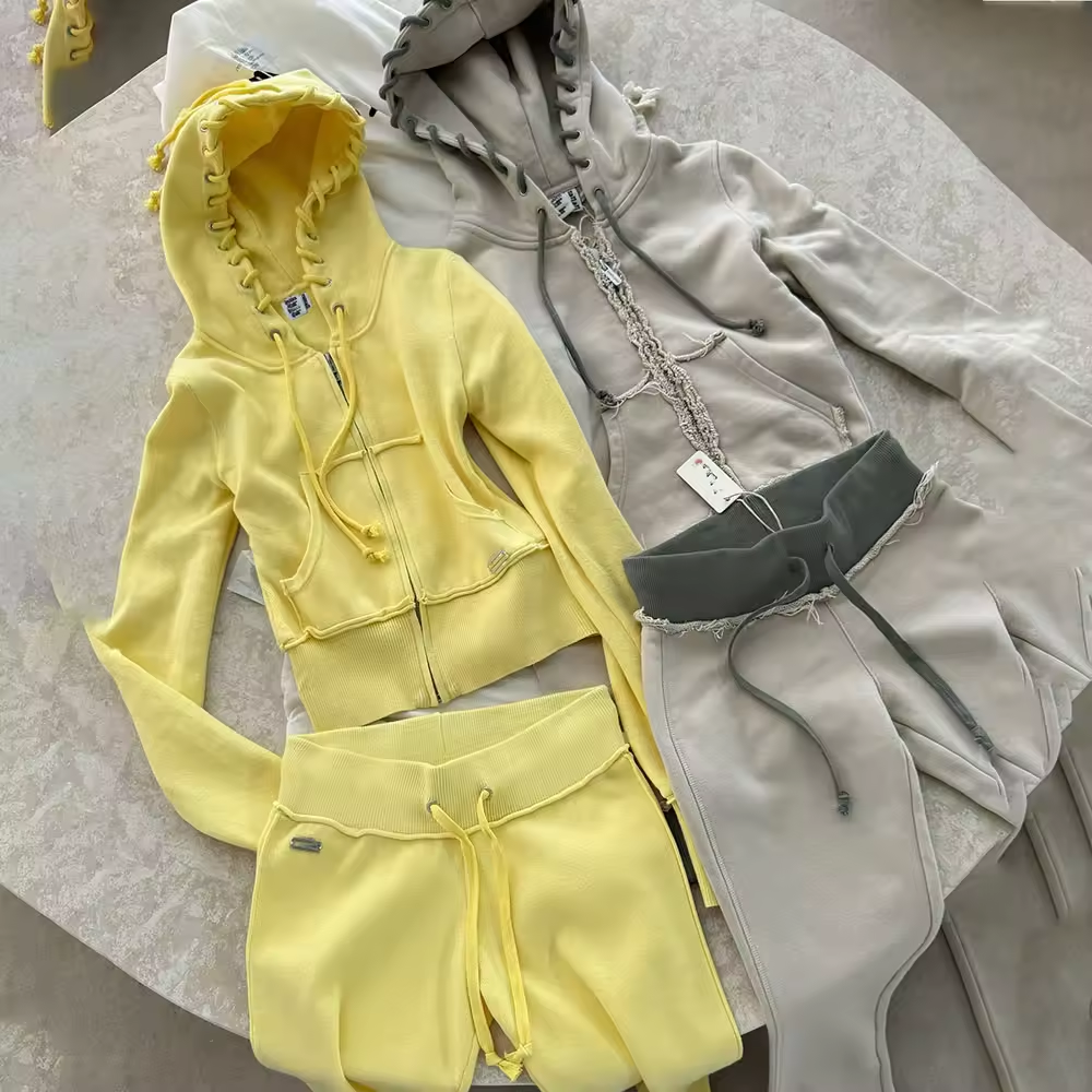 Custom Cotton Knit Y2k Flared Jogging Tracksuits Female Cropped Slim Fit Skinny Distressed Sweatsuit Women