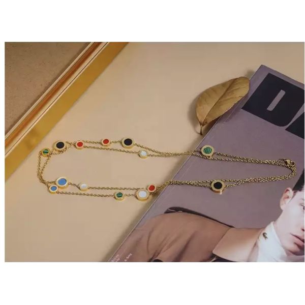 Multicolored Marble Stack Wearing Long Necklace 18K Gold Stainless Steel Necklace
