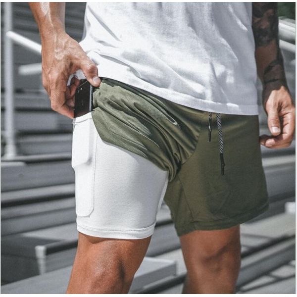 Fit Training Sports Double Layer Workout Pants Elastic Gym Men Cotton Shorts