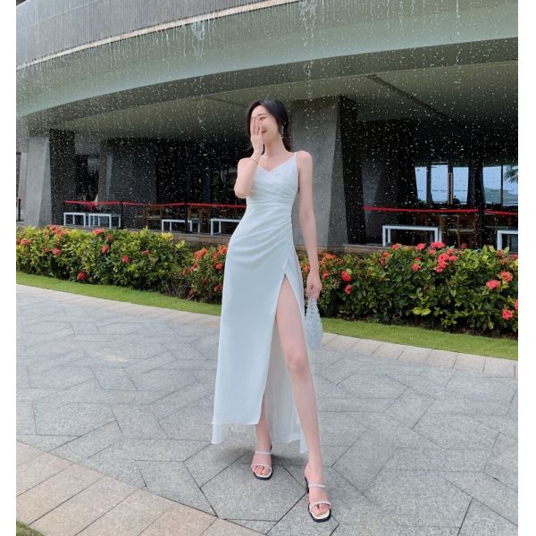 White Split Suspender Long Womens Vacation Dresses Sexy Halter Low Cut V Neck