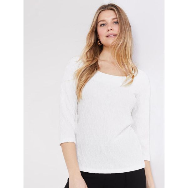 legant White Textured Crinkle Knit Square Neck 3/4 Sleeve Fitted Top