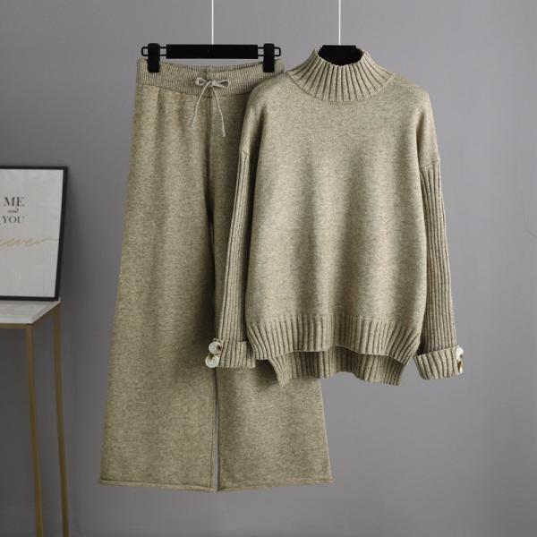 Women s Pullover with Pullover Closure and Hand Wash Care Instructions High necked knitted sweater and pants set