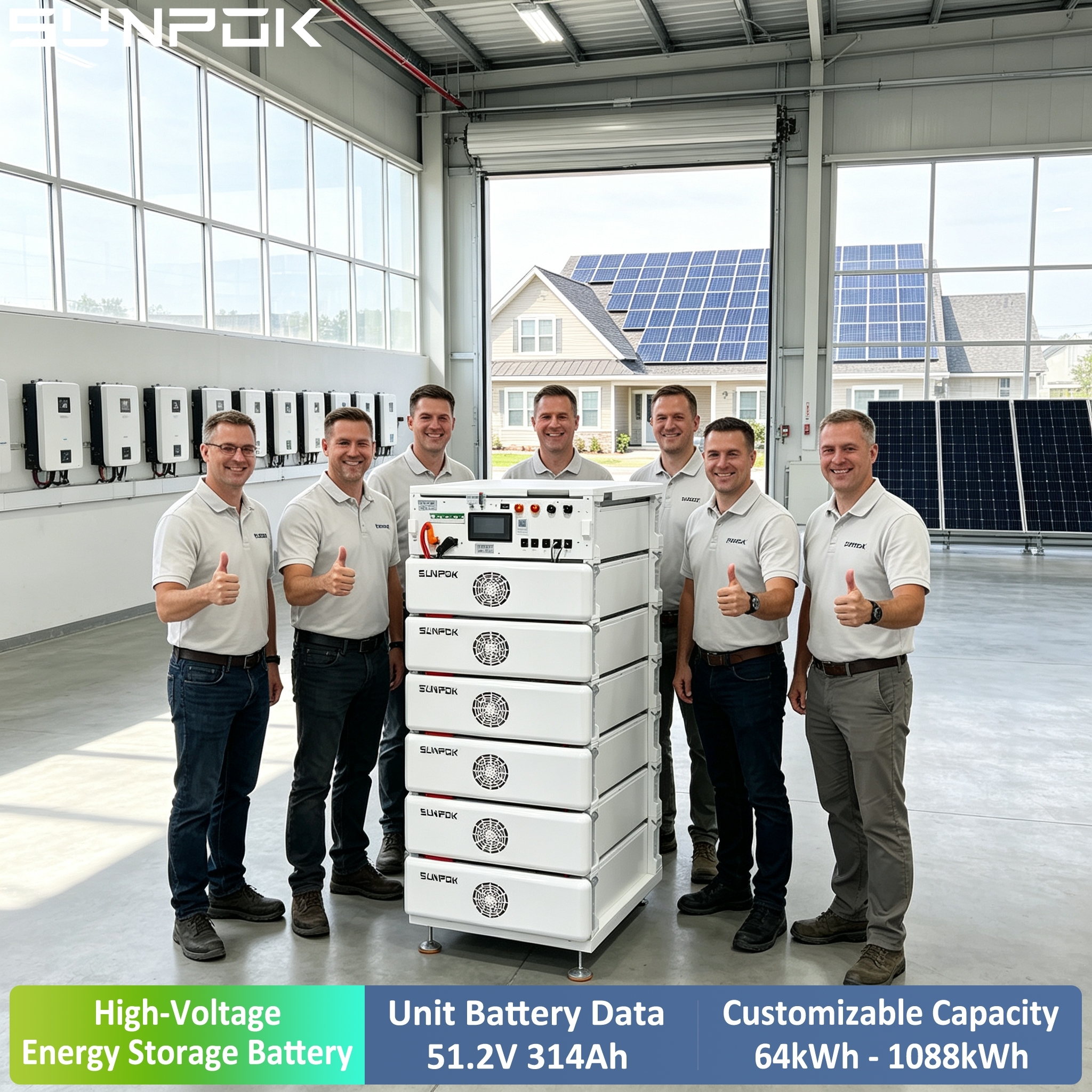 SUNPOK 51.2V 314AH HV Lithium Battery 16kWh High Voltage LiFePO4 Battery Capacity for Home Use Energy Storage