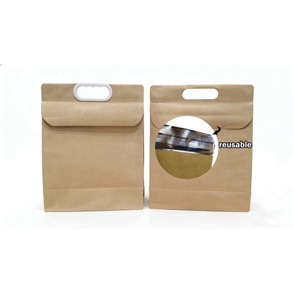 Custom Kraft Paper Self-Adhesive Bags with Aluminum Foil Liner+Handle-Reusable Stand-Up Pouches Waterproof Tear-Resistant for Packaging
