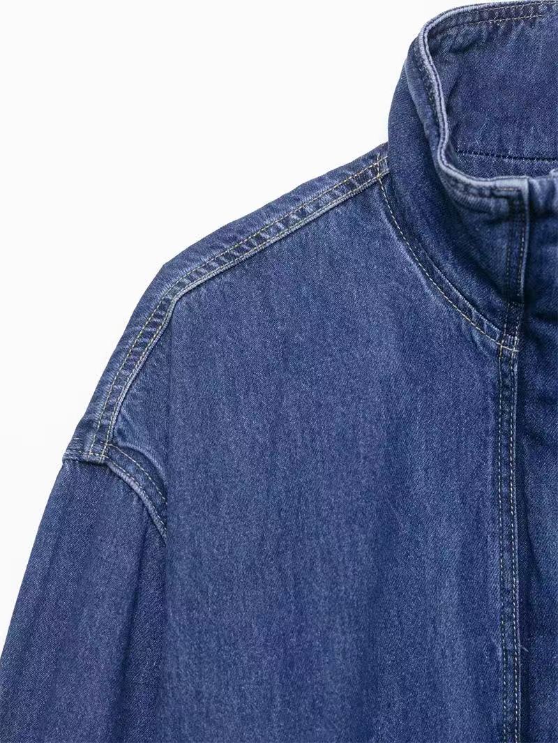 Women's Premium Denim Bomber Jacket with High Stand Collar and Oversized Relaxed Fit