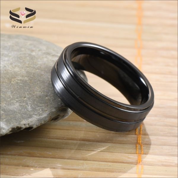 Banda de bodas de cerámica negra de 8 mm, centrada y decorada para hombres, regalo de aniversario