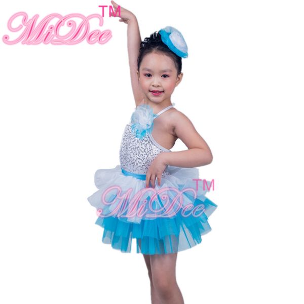 Two Tones Tiers Skirt Silver Sequins Bodice Dress Dance Clothes for Kids
