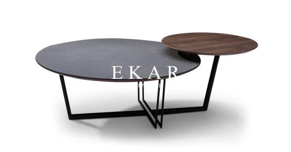 Contemporary Stainless Steel Frame Round Wooden And Glass Coffee Table