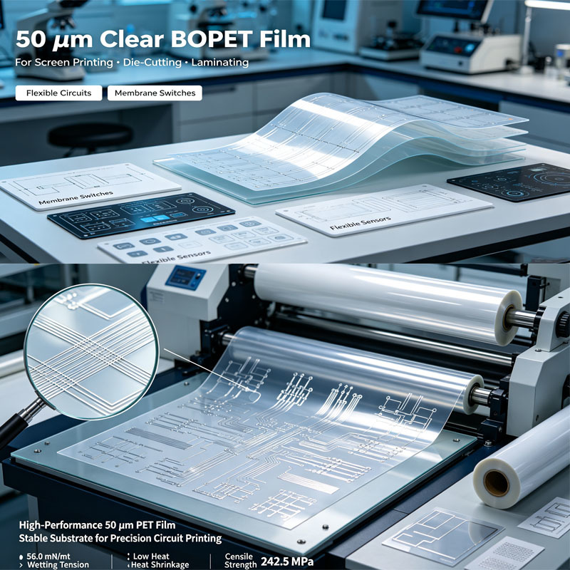 50 μm PET Film with 56.0 mN/m Wetting Tension and Low Heat Shrinkage for FPC and Flexible Circuits