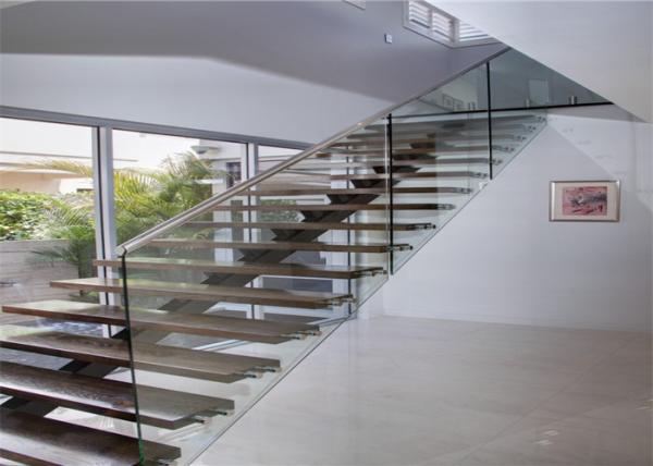 Contemporary Straight Flight Staircase Glass Railing Straight Flight Wooden Timber