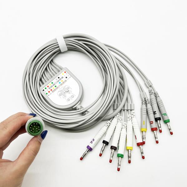 10 Lead Wires Biocare EKG Cable 3.6m Grey TPU Jacket With Banana 4.0 Connector