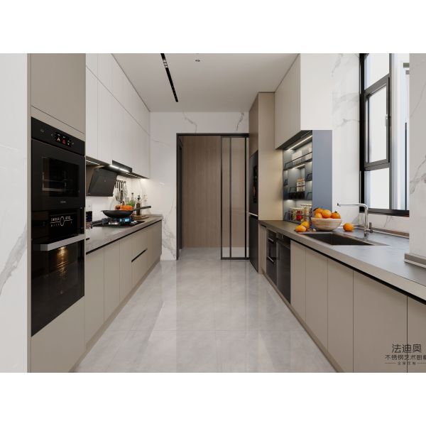 Matte Beige Stainless Steel Kitchen Cabinets with Black Stone Countertop