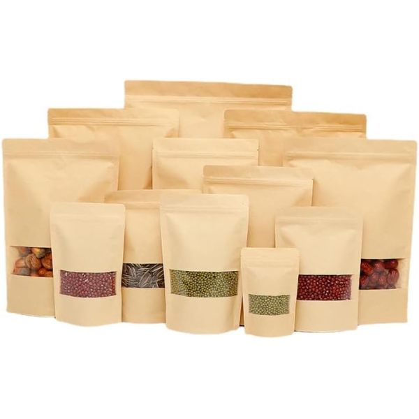 Wholesale Customized Brown Eco-friendly Sealed Transparent Food Packaging Bags Sealing Kraft Paper Bags