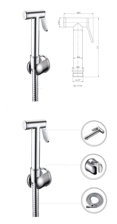 Pulverizador de mordida de mão cromado cinza claro para banheiro e outro serviço pós-venda