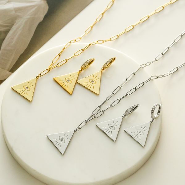 Треугольника 925 набор стерлингового серебряного ювелирных изделий набора дурного глаза ODM привесного ожерелья и серьги