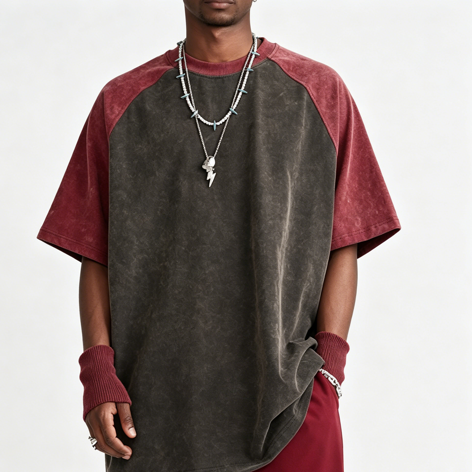 285G Heavy Cotton T Shirt Raglan Cut American Retro T Shirt Color Block