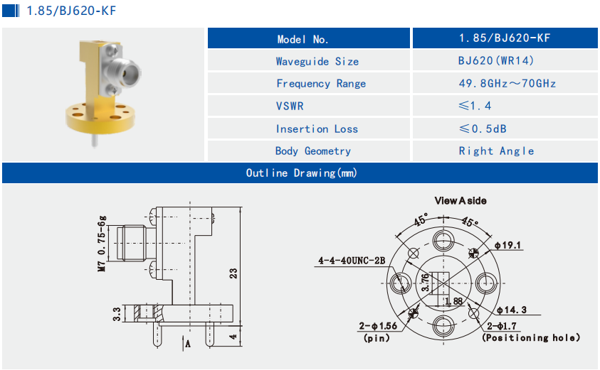 WR14 BJ620 до 1,85 мм Женщина Правый угол Водопровод к коаксному адаптеру 49,8 ГГц ~ 70 ГГц 1,85-BJ620-KF