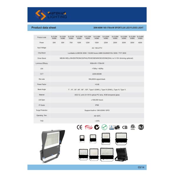 Sportlux 400W 170lm/W IP66 LED Flood Light Stadium Light