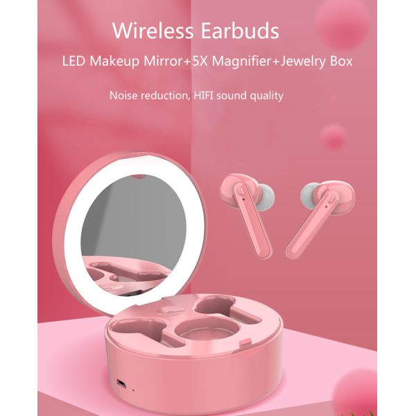 Makeup Mirror True Wireless Stereo Earbuds Mobile Holder Wireless Headset With Microphone and Makeup Mirror and Mobile Holder