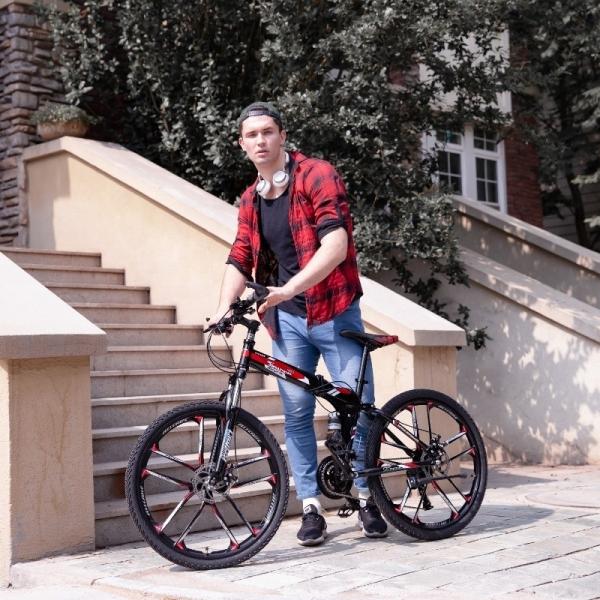 Customized 20 24 26 Inch Full Suspension Folding Bike with Connected Gearshift Handle and Carbon Steel Frame