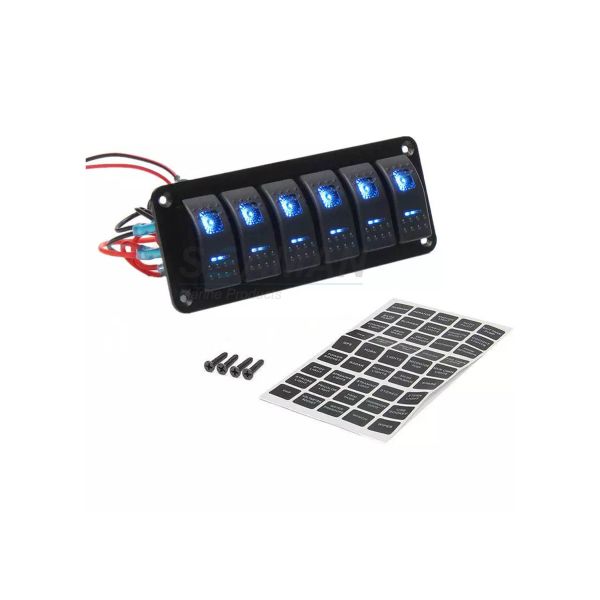 24v Waterproof Marine Switch Panel Rocker 6 Gang 5 Pin On Off 2 LED Blue Light