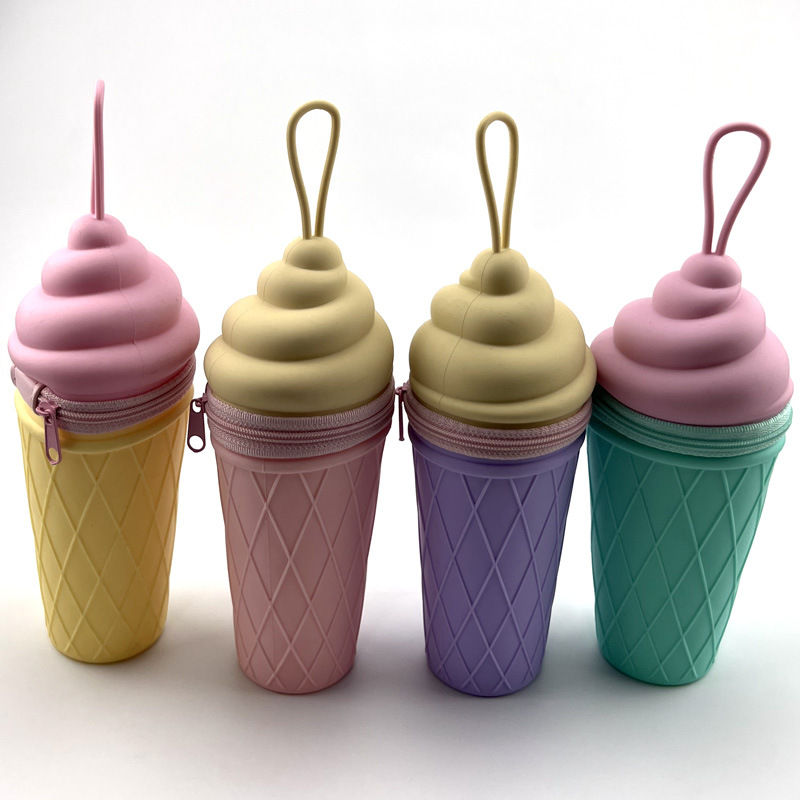 Reliable Quality Large Capacity Handle Silicone Pencil case Student Fancy Ice Cream Shape Pen Bag