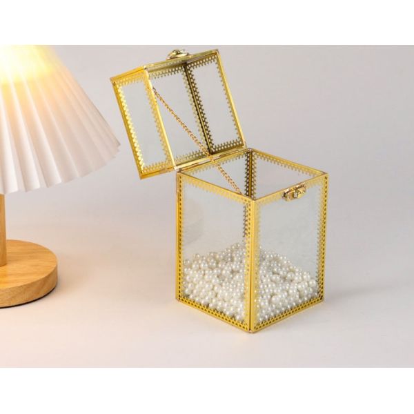 Gold quadrilateral dust proof Makeup Brush organizer box lid glass eyebrow pencil eyeliner Pearl storage canister